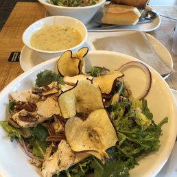 Fuji apple chicken salad, broccoli cheddar soup, steak & asiago sandwich and thai chicken salad.