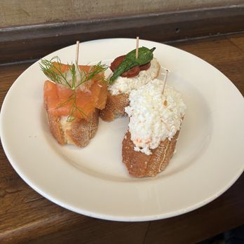Irati Taverna Basca - My selection - salmon dill, crab salad and pepper with chorizo on top of cream cheese - Tapas Bars Near Me - Barcelona, B Irati Taverna Basca - My selection - salmon dill, crab salad and pepper with chorizo on top of cream cheese - Tapas Bars Near Me - Barcelona, B
