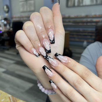 Ombré Nails - black deep french with design - Nail Salons Near Me - Wilmington, North Carolina Ombré Nails - black deep french with design - Nail Salons Near Me - Wilmington, North Carolina