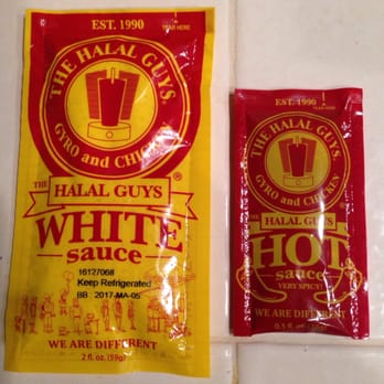 The Halal Guys - The white sauce and hot sauce packets. Hot sauce = proceed with caution. - Halal Near Me - Costa Mesa, California The Halal Guys - The white sauce and hot sauce packets. Hot sauce = proceed with caution. - Halal Near Me - Costa Mesa, California