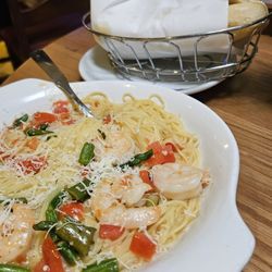Olives Mediterranean Grill - Shrimp scampi with angel hair pasta.
