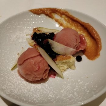 Lark - Red wine pear sorbet with cardamom chiffon cake for restaurant week - New American Near Me - Seattle, Washington