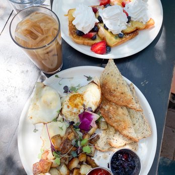 Cafe Passe - 3 egg breakfast, berry french toast, iced honey cinnamon latte - Cafes Near Me - Tucson, Arizona Cafe Passe - 3 egg breakfast, berry french toast, iced honey cinnamon latte - Cafes Near Me - Tucson, Arizona