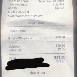 Jerk -N- GO - Homewood - Receipt Tray of Wings