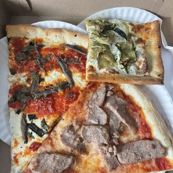 Knapp Street Pizza - Margarita slice with anchovy, sausage slice and Zucchini square. - Pizza Near Me - Brooklyn, New York Knapp Street Pizza - Margarita slice with anchovy, sausage slice and Zucchini square. - Pizza Near Me - Brooklyn, New York