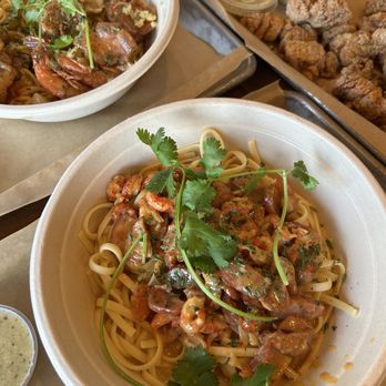 Nguyen's Kitchen - Crawfish Pasta Garlic Noodles with protein Popcorn Chicken - Vietnamese Near Me - Orange, California