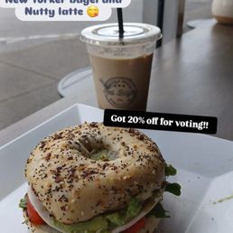 New Yorker bagel sandwich and iced Nutty latte New Yorker bagel sandwich and iced Nutty latte
