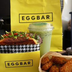 Egg Bar - Steak and egg, truffle and rosemary hash browns, and white chocolate raspberry matcha
