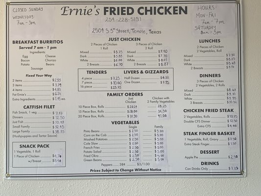 Menu photo 1 Ernie's Fried Chicken Temple, TX