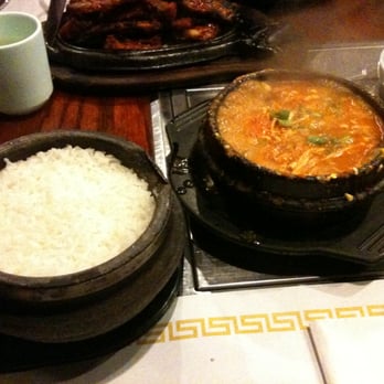 Jong Ka Jib - mushroom soondubu with rice in a stone bowl - Korean Near Me - Philadelphia, Pennsylvania