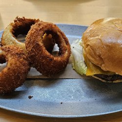 Village Burger Bar - The Better Chedder burger and small order of onion rings.