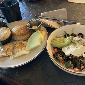 Uptown Eats - Two Eggs and a Biscuit with side of grits.  Greens and things bowl. - Cafes Near Me - St. Petersburg, Florida