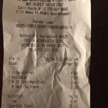 McDonald's - Receipt - Fast Food Near Me - Winnemucca, Nevada