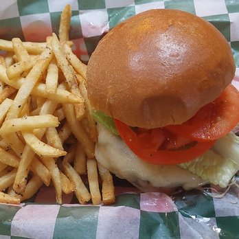 Drews Brews And Grille - Swiss burger with french fries ($13) - New American Near Me - Melbourne, Florida Drews Brews And Grille - Swiss burger with french fries ($13) - New American Near Me - Melbourne, Florida