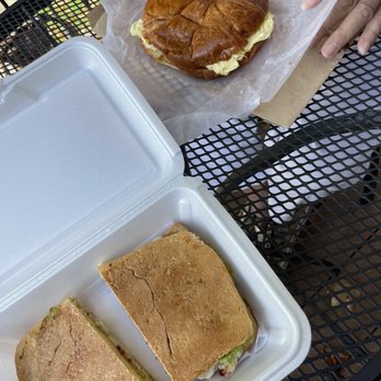 Newtown cafe - Bacon egg and cheese on croissant & chicken panini with avocado spread, lettuce, and cranberries. - Cafeteria Near Me - Sandy Hook, Connecticut