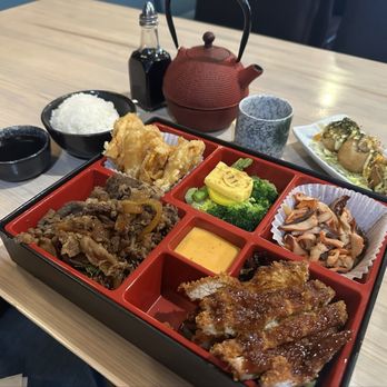 Obento - Takoyaki  Bento w/ Gyudon, pork katsu, squid salad, sweet potato tempura. - Japanese Near Me - Murfreesboro, Tennessee