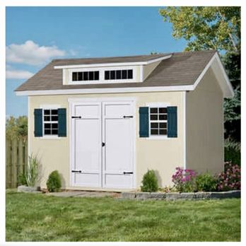 Canterra Construction - This is the model photo from which they worked. - A small garden shed features white double doors with black hinges and handles, two windows with blue shutters on either side, and a small window with multiple panes on the upper part. The shed is situated in a grassy yard with a flower bed containing pink and purple flowers, and a wooden fence is visible on the left side. The sky is clear with a few clouds, and a tree with green leaves is partially visible on the right side. - General Contractors Near Me