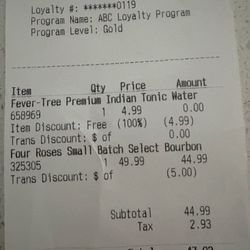 ABC Fine Wine & Spirits - The revised receipt of $49.99, which the Manager had to key into the system to override the register's inaccurate price.