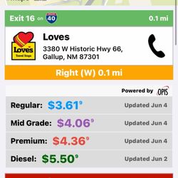 Love's Travel Stop - Gas prices as reflected on the iExit app on 6/4/26 at 10:54 am. This was taken after the gas purchase of $3.79 for Regular.