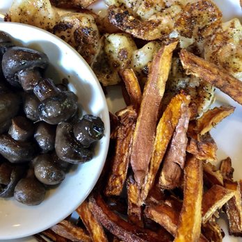 Almost On the Lake - Grilled shrimp (good) with sautéed mushrooms and sweet potato fries - American Near Me - Wilkesboro, North Carolina Almost On the Lake - Grilled shrimp (good) with sautéed mushrooms and sweet potato fries - American Near Me - Wilkesboro, North Carolina