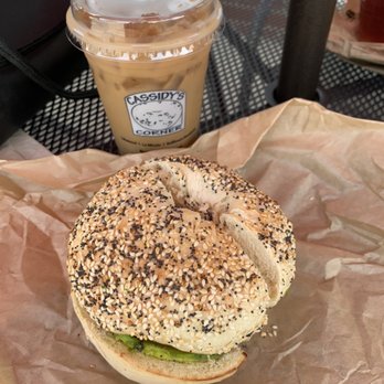 Cassidy’s Corner Cafe - Iced coffee w soy milk and a "make your own" bagel breakfast sandwich (ham, vegan cream cheese, egg, avocado, & tomato on everything) - Cafes Near Me - Long Beach, California