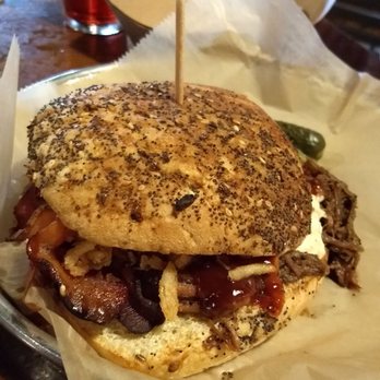 Founders Brewing - The Glutton ($11) - pulled pork, bacon, fried onions, cheese sauce, toasted everything bun, pickles on the side - Breweries Near Me - Grand Rapids, Michigan Founders Brewing - The Glutton ($11) - pulled pork, bacon, fried onions, cheese sauce, toasted everything bun, pickles on the side - Breweries Near Me - Grand Rapids, Michigan