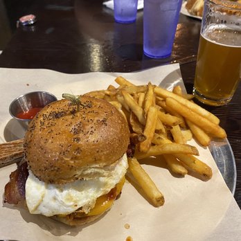 J Riley Distillery - JReiley Burger with an egg, fries, and honey buzz beer! - Distilleries Near Me - Redlands, California