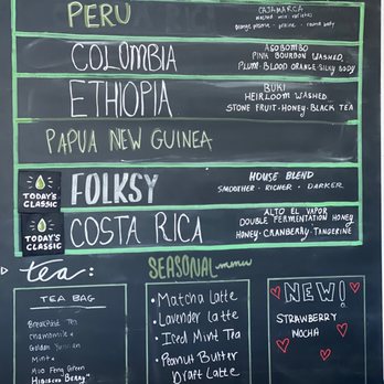 Convive Coffee Roastery - The chalkboard menu features coffee options from countries like Peru, Colombia, Ethiopia, Papua New Guinea, and Costa Rica, with descriptions of flavor profiles. It also lists seasonal teas such as matcha latte, lavender latte, iced mint tea, and peanut butter draft latte, along with a section for new drinks like strawberry mocha. The menu includes icons indicating classic drinks and notes about the coffee's flavor characteristics. - Coffee Roasteries Near Me - Pittsburgh, Pennsylvania