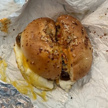 Café Little Treasure - Breakfast bagel with aioli & sausage - Cafes Near Me - Newburgh, New York