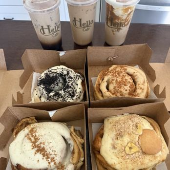 Hello cafe - coffees: brown sugar latte, spanish latte, and cookie butter latte rolls: cookies and cream, cookie butter, original, and banana pudding - Cafes Near Me - Orange, California Hello cafe - coffees: brown sugar latte, spanish latte, and cookie butter latte rolls: cookies and cream, cookie butter, original, and banana pudding - Cafes Near Me - Orange, California