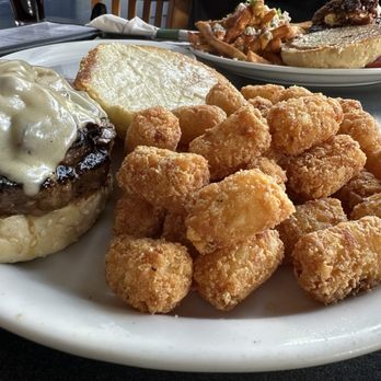 Tommy J's Grill & Catering - Swiss 'N' Shroomer Burger - Sautéed Mushroom, Onion, Swiss, Thousand Island & Mayo with Tater Tots - Burgers Near Me - Davis, California Tommy J's Grill & Catering - Swiss 'N' Shroomer Burger - Sautéed Mushroom, Onion, Swiss, Thousand Island & Mayo with Tater Tots - Burgers Near Me - Davis, California