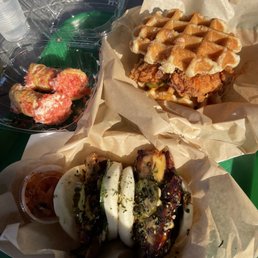 Pork belly bao bun, chicken and waffles and strawberry shortcake cannolis Pork belly bao bun, chicken and waffles and strawberry shortcake cannolis