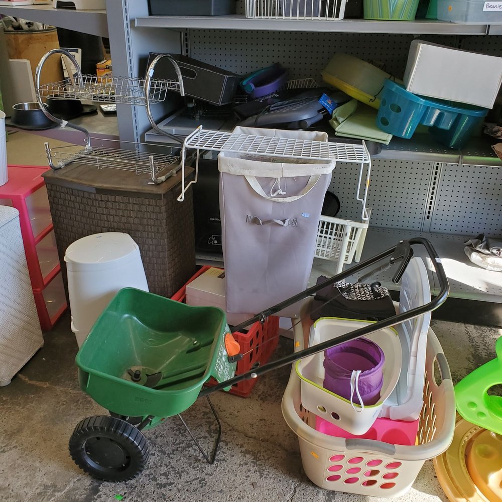 Lawn seed sprayer, $10. White plastic coated kitchen style shelf, $2. Lawn seed sprayer, $10. White plastic coated kitchen style shelf, $2.