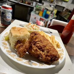 Lake View Inn - 2pc Broasted Chicken all white meat with fries, cole slaw, and roll.