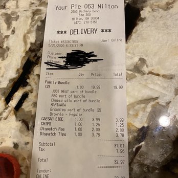 Your Pie - Receipt - Pizza Near Me - Milton, Georgia