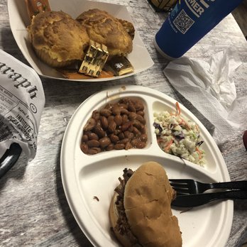 Big John's Texas BBQ - Pulled brisket sandwich, beans, cole slaw, cornbread muffins. Drinks are served in regular paper cup. - Barbeque Near Me - Page, Arizona Big John's Texas BBQ - Pulled brisket sandwich, beans, cole slaw, cornbread muffins. Drinks are served in regular paper cup. - Barbeque Near Me - Page, Arizona