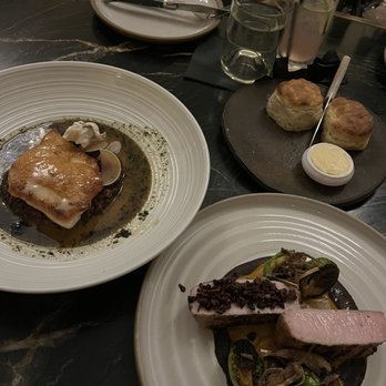 Husk Savannah - Golden Tilefish, Smoked Pork Loin & biscuits - Southern Near Me - Savannah, Georgia