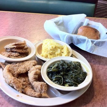 Cupboard Restaurant - January 23, 2011; Turnip Greens, Fried Green Tomatoes, Macaroni & Cheese and Catfish with Rolls and Cornbread at The Cupboard Restaurant - Southern Near Me - Memphis, Tennessee