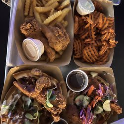 The Krispy Rooster - Kids chicken and fries, sweet potato fries, Nashville hot & honey butter sriracha