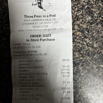 Three Peas in a Pod Produce - The receipt that shows this wasn't a fever dream. - Fruits & Veggies Near Me - Loganville, Georgia Three Peas in a Pod Produce - The receipt that shows this wasn't a fever dream. - Fruits & Veggies Near Me - Loganville, Georgia