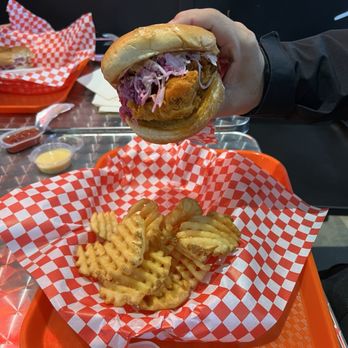 The Frying Pan - OG Hot chicken sando with slaw and waffle fries - Korean Near Me - Vancouver, British Columbia The Frying Pan - OG Hot chicken sando with slaw and waffle fries - Korean Near Me - Vancouver, British Columbia