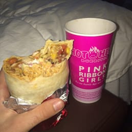 Spicy chicken burrito! Tortilla, white rice, pinto beans, pico, guac, corn, sour cream, onions, lettuce, n sweet habanero sauce. Spicy chicken burrito! Tortilla, white rice, pinto beans, pico, guac, corn, sour cream, onions, lettuce, n sweet habanero sauce.