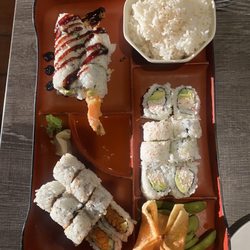 MoMo Sushi & Grill - 3 item dinner clockwise stating top L: shrimp tempura roll, tuna roll, crab rangoons (there were two)  salmon roll.