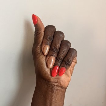 Touch Nail Spa II - Tried a new shape. It's supposed to be red and gold but it is more orangy - Nail Salons Near Me - Tampa, Florida Touch Nail Spa II - Tried a new shape. It's supposed to be red and gold but it is more orangy - Nail Salons Near Me - Tampa, Florida