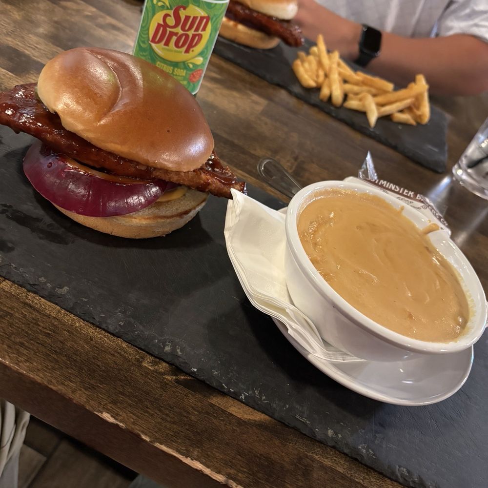 Stubborn Brothers Brewery - Hot Honey Chicken sandwich with side of Beer Cheese Soup - Breweries Near Me - Shawano, Wisconsin Stubborn Brothers Brewery - Hot Honey Chicken sandwich with side of Beer Cheese Soup - Breweries Near Me - Shawano, Wisconsin