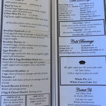 Frontier Perk Cafe - Breakfast and beverage menu - Cafes Near Me - St. Charles, Missouri Frontier Perk Cafe - Breakfast and beverage menu - Cafes Near Me - St. Charles, Missouri