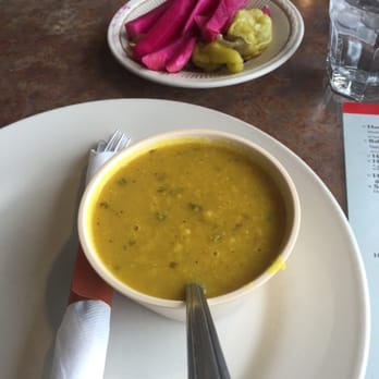 Cedarland Restaurant - Lentil soup and pickled turnips in a beet pickling mixture. - Middle Eastern Near Me - Dearborn, Michigan Cedarland Restaurant - Lentil soup and pickled turnips in a beet pickling mixture. - Middle Eastern Near Me - Dearborn, Michigan