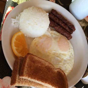 Coconut Grill - Breakfast: eggs, link sausage, white rice, and toast - American Near Me - Hilo, Hawaii