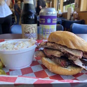 ButcherBobs BBQ - Signature Smoked Brisket Sandwich and Coleslaw. Lions Head Root Beer and Susquehanna Brewing IPA - Barbeque Near Me - Mountain Top, Pennsylvania