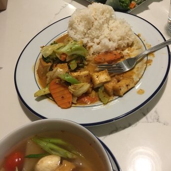 Spice Thai Kitchen - Tom Yum Soup, Vegetables In Peanut Sauce Stirfry with Tofu and Fresh Rolls. All delicious with bonus points for the stirfry - Thai Near Me - Portland, Oregon